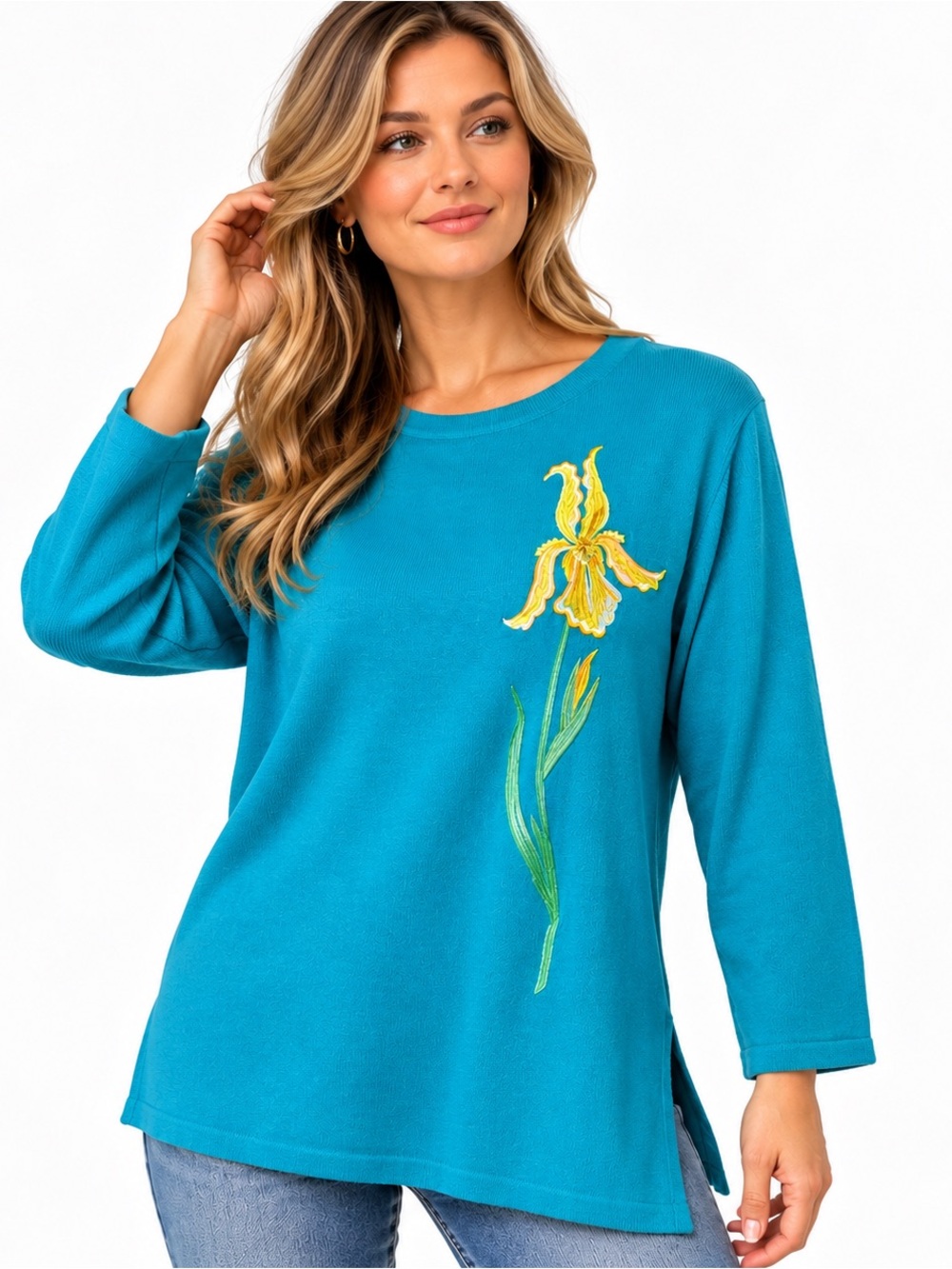 Bob Mackie Teal Pullover Tunic with Yellow Floral Appliqué